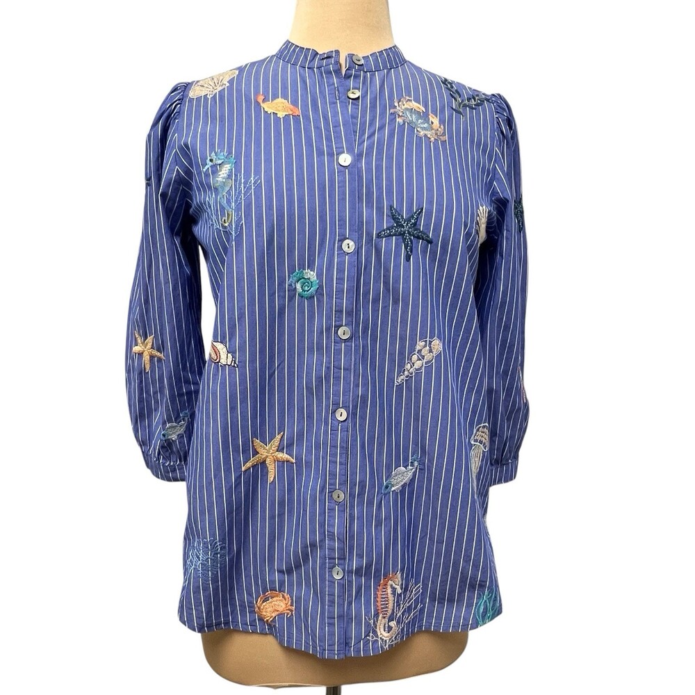 Johnny Was Workshop Striped Blue Embroidered Seashells Ocean Shirt XS Blouse